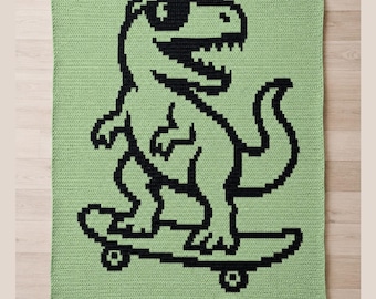 Skater Saurus Baby Blanket Crochet Pattern | Dino Mosaic Crochet Blanket | Overlay Mosaic Crochet PDF | Skateboard Dinosaur Afghan