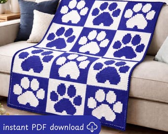 Paw Print Crochet Blanket Pattern | Overlay Mosaic Crochet Throw | Two Color Animal Paw Design | Modern Home Decor PDF Gift