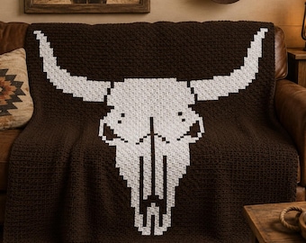 Longhorn Bull Skull C2C Crochet Blanket Pattern | Western Longhorn Afghan | Rustic Graphghan PDF Download