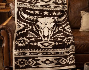 Western Bull Skull Crochet Blanket Pattern | Southwestern Overlay Mosaic Throw | Geometric Western Afghan | Two Color PDF
