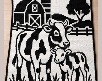Cow Farm Mosaic Crochet Blanket Pattern | Mother & Baby Cow Afghan | Barn and Silo Throw | Instant PDF Download