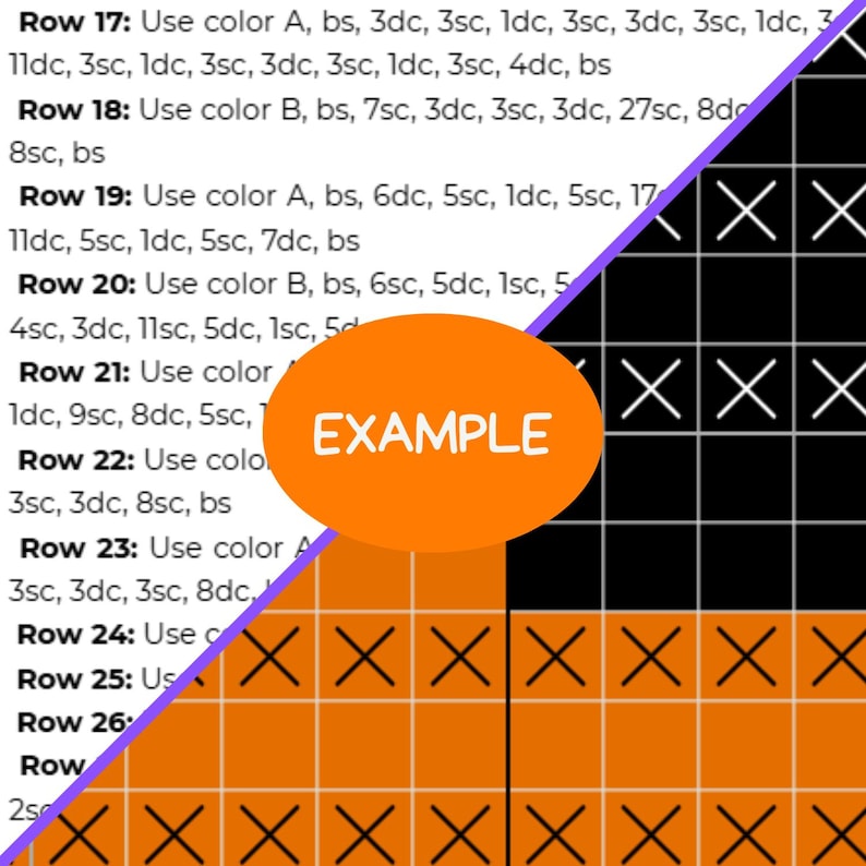 May include: A crochet pattern instruction sheet featuring text rows 17 through 26 with abbreviations like bs, dc, and sc, alongside a grid diagram showing black and orange squares with white X marks and an orange oval containing the word EXAMPLE.