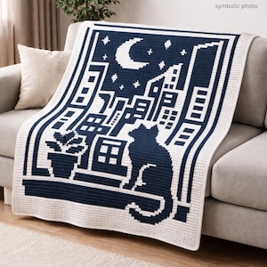 Cityscape Cat Mosaic Crochet Blanket Pattern | Cat Window Afghan | Skyline Cat Blanket | Overlay Mosaic | PDF Download