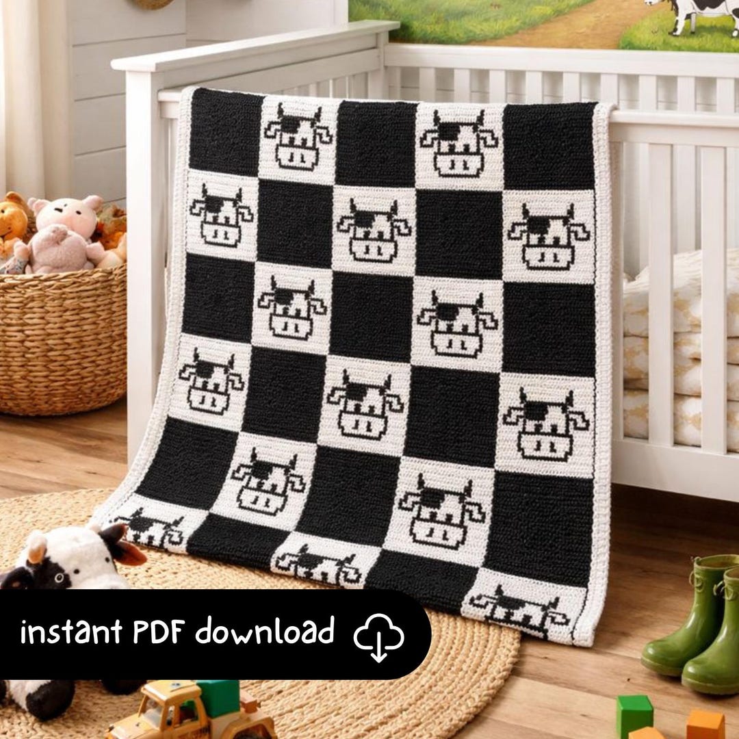 Checkerd Farm Pattern Checkered Cow Mosaic Crochet Blanket Pattern | Kids Farm Blanket ...