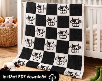 Checkered Cow Mosaic Crochet Blanket Pattern | Kids Farm Blanket | Digital Download PDF | Farm Nursery Decor