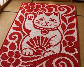 Maneki Neko Crochet Blanket Pattern | Japanese Lucky Cat Mosaic Afghan | Wave Floral Throw | Overlay Mosaic PDF