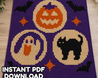 Halloween Sugar Cookie C2C Crochet Blanket Pattern | Jack O Lantern Ghost Cat Blanket | Graphghan PDF Digital Download