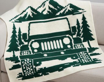Jeep Wrangler Crochet Blanket Pattern | Mosaic Crochet Jeep Throw | Mountain Forest Afghan | Outdoor Adventure Blanket PDF