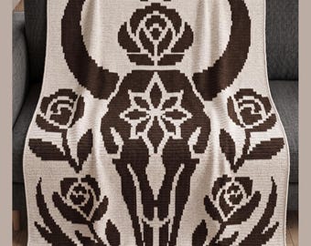 Desert Bloom Bull Skull Mosaic Crochet Blanket Pattern | Western Floral Afghan PDF | Cow Skull Throw