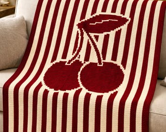 Retro Cherry Mosaic Crochet Blanket Pattern | Overlay Mosaic Crochet Throw | Striped Cherry Design | Modern Retro Home Decor | Digital PDF