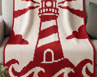 Lighthouse Overlay Mosaic Crochet Blanket Pattern | Coastal Afghan PDF | Nautical Crochet Throw Pattern