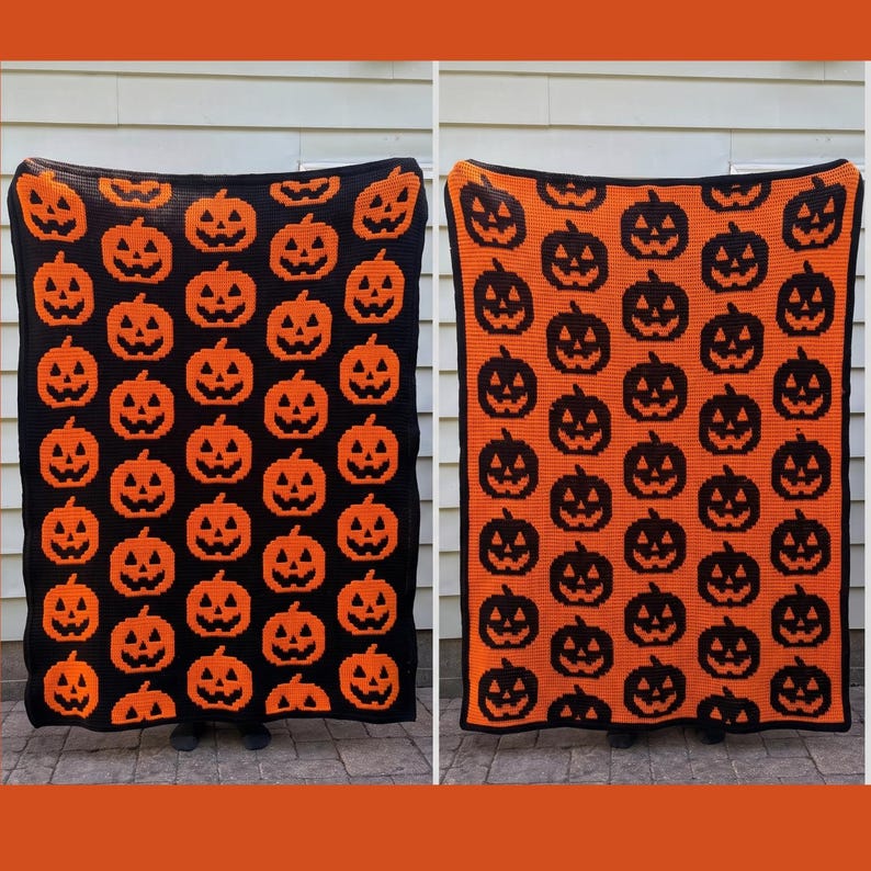 May include: A rectangular crochet blanket featuring a repeating pattern of jack-o'-lanterns. The left side displays orange pumpkins on a black background, while the right side shows black pumpkins on an orange background, both with a matching border.