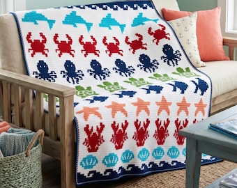 Ocean Critters Mosaic Crochet Blanket Pattern | Sea Life Turtle Dolphin Crab Fish Throw PDF