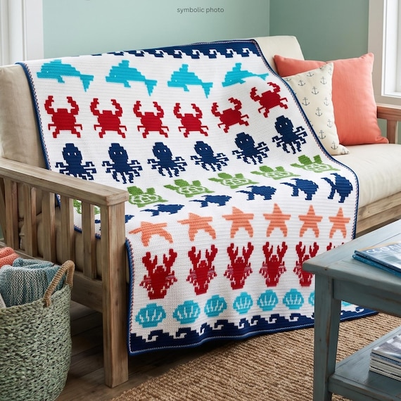 Ocean Critters Mosaic Crochet Blanket Pattern | Sea Life Turtle Dolphin Crab Fish Throw PDF