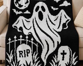 Ghostly Graveyard Overlay Mosaic Crochet Blanket Pattern | Halloween Mosaic Throw | Ghost Afghan PDF