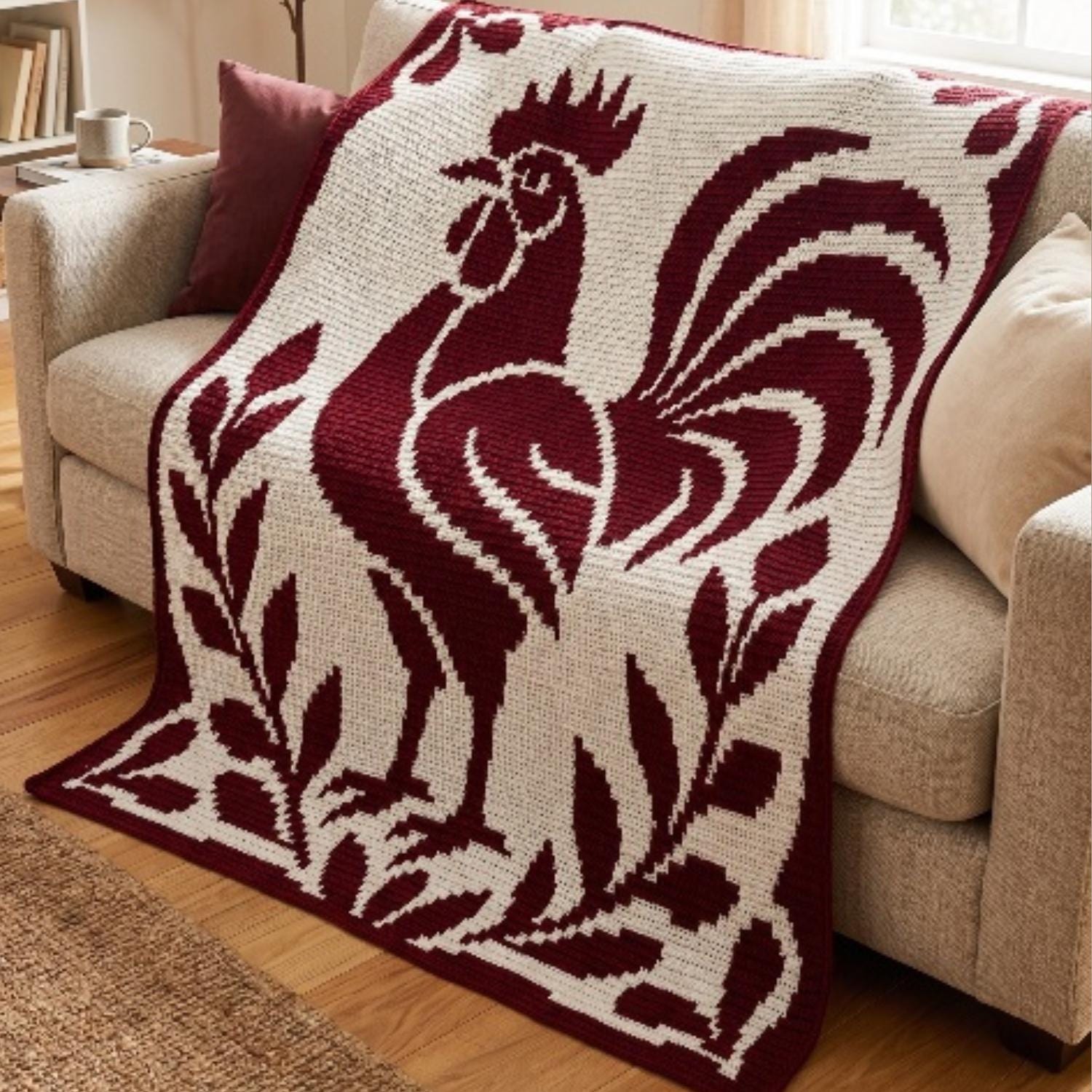 39 Rooster Crochet Patterns to Add Farmhouse Charm to Your Home Decor 30 Rooster Mosaic Crochet Blanket Pattern Farmhouse Afghan