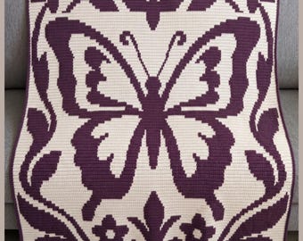 Butterfly Garden Mosaic Crochet Blanket Pattern PDF | Floral Butterfly Overlay Mosaic Afghan Throw