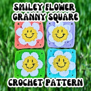 May include: Four colourful crochet granny squares with smiley face flower designs. The squares are in shades of coral, lavender, green, and turquoise. The text "SMILEY FLOWER GRANNY SQUARE" and "CROCHET PATTERN" are displayed in a white, bold font.
