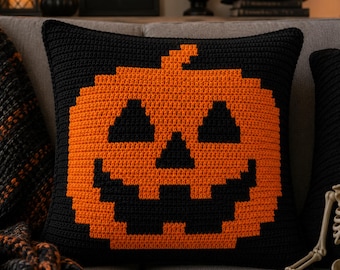 Jack O' Lantern Crochet Pillow Pattern | Overlay Mosaic Crochet PDF | Halloween Pillow Pattern | Pumpkin Cushion Cover