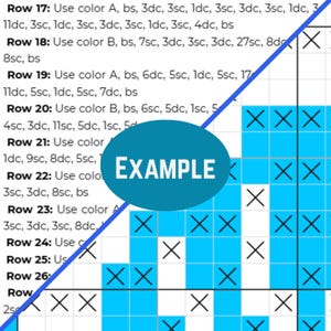 May include: A crochet pattern chart with rows of instructions and a grid of colored squares. The word "EXAMPLE" is in a blue oval. The chart uses blue, white, and black colors to create a design.