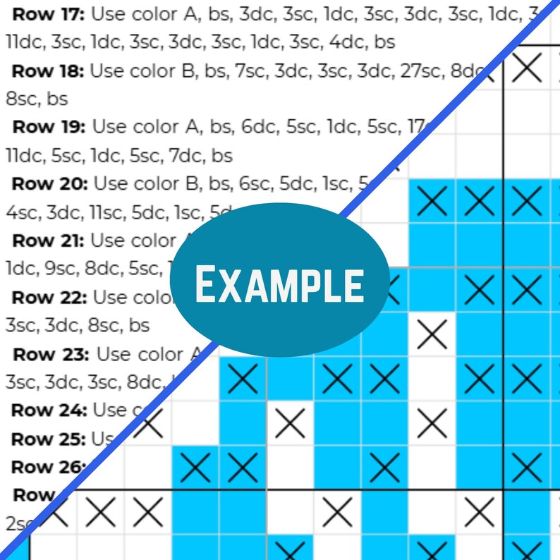 May include: A crochet pattern chart with rows of instructions and a grid of colored squares. The word "EXAMPLE" is in a blue oval. The chart uses blue, white, and black colors to create a design.