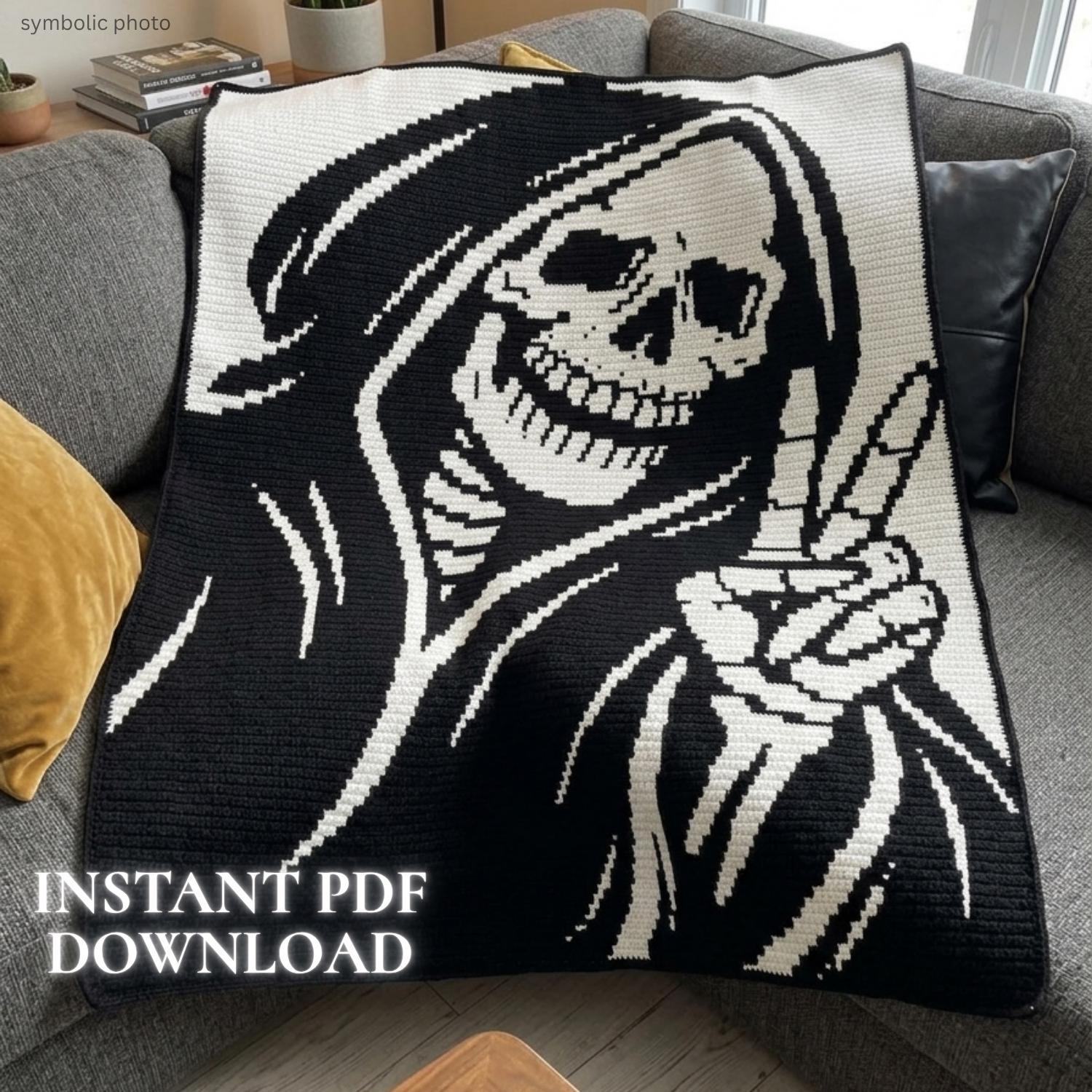 20 Skull Blanket Crochet Patterns for Gothic, Halloween, and Boho Homes 17 Peace Out Reaper Mosaic Crochet Blanket Pattern Skull