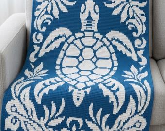 Sea Turtle Crochet Blanket Pattern | Ocean Mosaic Afghan | Coastal Overlay Throw | Two Color PDF