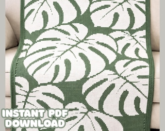Monstera Leaf Crochet Blanket Pattern | Overlay Mosaic Crochet Throw | Two Color Botanical Design | Modern Home Decor PDF