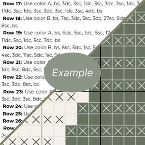 May include: A crochet pattern chart with rows of instructions and a visual grid. The chart uses color-coded symbols and abbreviations like "dc" and "sc". A gray oval with the word "Example" is in the center of the image.