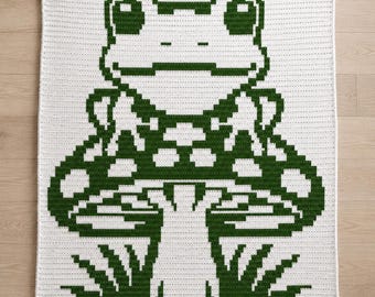 Cute Mushroom Frog Crochet Blanket Pattern | Woodland Baby Afghan PDF | Frog Nursery Throw | Overlay Mosaic Crochet
