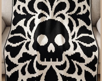 Skull in Bloom Mosaic Crochet Blanket Pattern | Gothic Floral Overlay Mosaic Throw | Skull Afghan Pattern PDF | Two Color Crochet