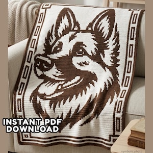 May include: A crocheted blanket featuring a detailed brown and white image of a dog's face. The blanket has a decorative border and the text "INSTANT PDF DOWNLOAD" is visible. The blanket is draped over a beige sofa.