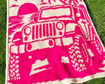 Jeep Beach Sunset Mosaic Crochet Blanket Pattern | Overlay Mosaic Afghan | Palm Tree Ocean Throw | Instant PDF Download