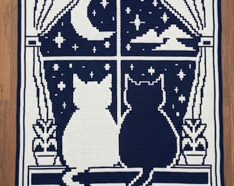 Purrfect Night Cat Mosaic Crochet Pattern | Two Cats Window Silhouette Blanket | Overlay Mosaic PDF