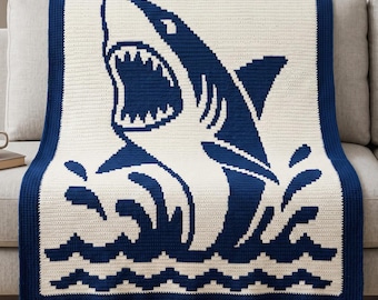 Great White Shark Mosaic Crochet Blanket Pattern | Overlay Mosaic Afghan | Ocean Waves Throw | Instant PDF Download