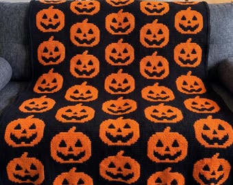 Jack O Lantern Crochet Blanket Pattern | Mosaic Crochet Throw | Halloween Afghan PDF | Pumpkin Blanket Pattern