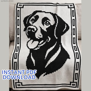 May include: A black and white crocheted blanket featuring a Labrador Retriever dog design. The dog's portrait is centered on the blanket, with a decorative border. The text "INSTANT PDF DOWNLOAD" is displayed at the bottom.
