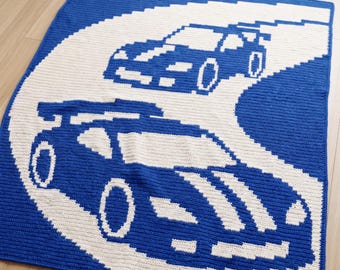 Race Car Crochet Blanket Pattern | Race Track Mosaic Crochet | Toddler Boy Blanket PDF | Overlay Mosaic Throw