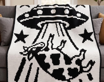 Udderly Abducted Mosaic Crochet Blanket Pattern | UFO Cow Abduction Afghan | Overlay Mosaic Crochet | PDF Download