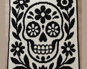 Dia de Muertos Crochet Blanket Pattern | Skull Mosaic Crochet Throw PDF | Gothic Floral Afghan Pattern | Overlay Mosaic Blanket