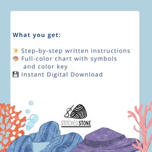 May include: Digital download graphic with text "What you get: Step-by-step written instructions, Full-color chart with symbols and color key, Instant Digital Download." The image includes coral, bubbles, and a logo.