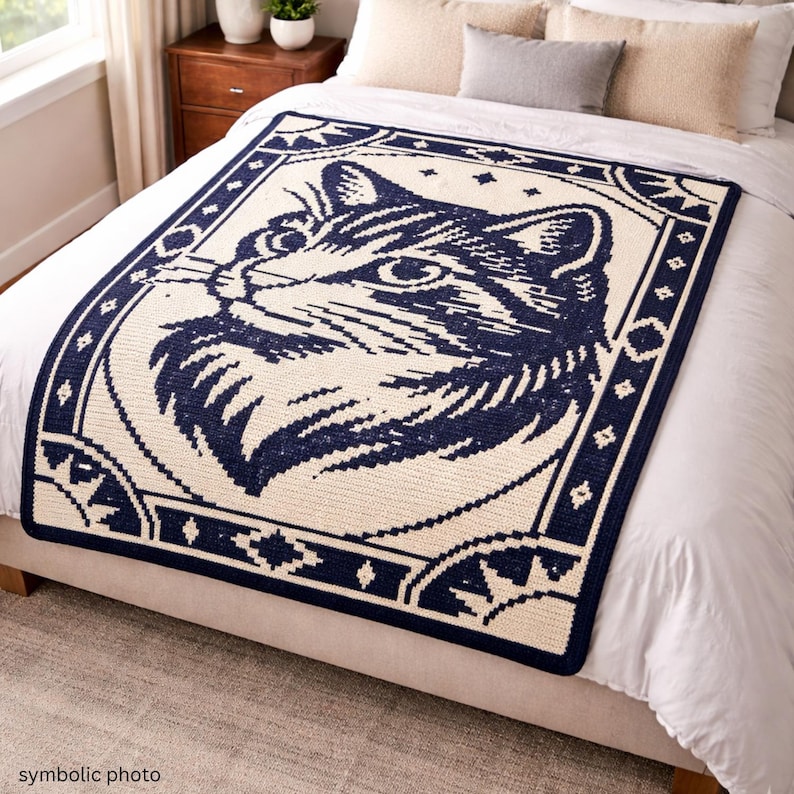 May include: A navy blue and cream-colored crocheted blanket featuring a large cat face design. The cat's face is in the center, surrounded by a decorative border with geometric shapes and stars. The blanket is displayed on a bed.
