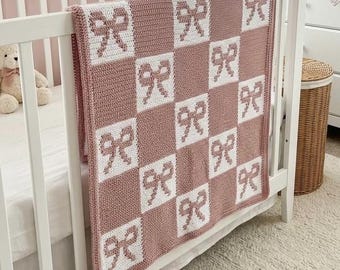 Checkered Bow Mosaic Crochet Pattern | Baby Girl Blanket PDF | Overlay Mosaic Nursery Design