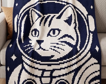 Astronaut Cat Crochet Blanket Pattern | Space Cat Overlay Mosaic Throw | Cosmic Kitty Afghan | Two Color PDF