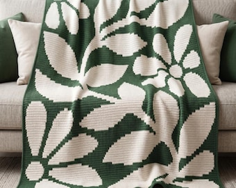 Blooming Vine Mosaic Crochet Blanket Pattern | Floral Overlay Mosaic Throw | Daisy Border Afghan Pattern | Two Color PDF