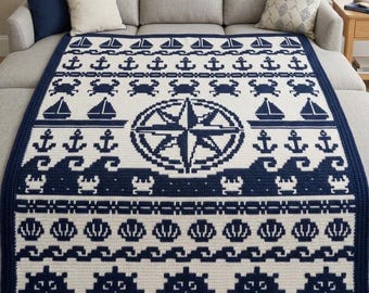 Nautical Compass Mosaic Crochet Blanket Pattern | Coastal Sailboat Anchor Crab Ocean Throw PDF