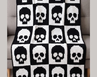 Checkered Skull Crochet Blanket Pattern | Mosaic Overlay Crochet Crochet Throw | Gothic Afghan PDF | Halloween Blanket Pattern