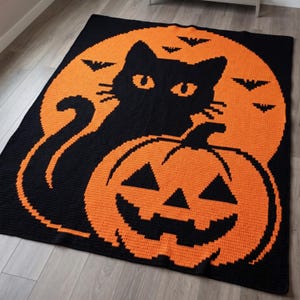 Wzór na koc szydełkowy z mozaiką i motywem upiornego kotka | Narzuta na Halloween z czarnym kotem | Afgański koc Jack O'Lantern w formacie PDF