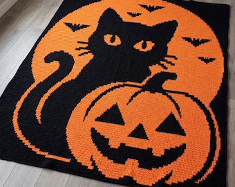 Spooky Kitty Overlay Mosaic Crochet Blanket Pattern | Black Cat Halloween Throw | Jack O Lantern Afghan PDF