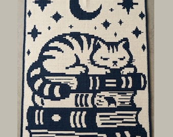Book Nook Catnap Mosaic Crochet Blanket Pattern | Cat Lover & Reader Gift | Sleeping Cat Book Throw PDF